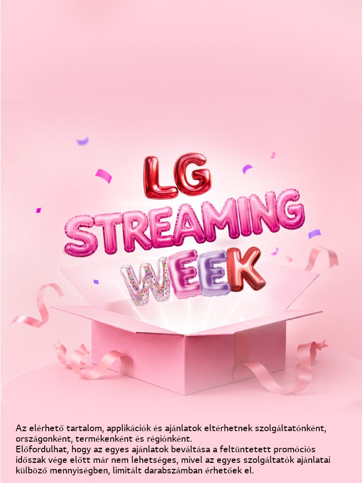 Színes, léggömbhatású „LG Streaming Week” felirat emelkedik ki egy nyitott rózsaszín ajándékdobozból, rózsaszín háttér előtt.