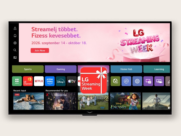 LG TV webOS kezdőképernyő LG Streaming Hetek bannerrel és alkalmazásikonnal, streamingalkalmazásokkal, ajánlott tartalmakkal.