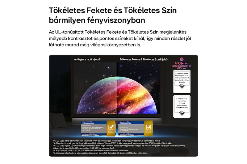 Osztott képernyőn bolygók és csillagok, összehasonlítva a matt kijelzőt a LG OLED Tökéletes Fekete és Szín kijelzővel.