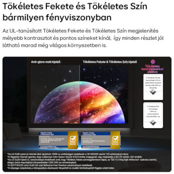 Osztott képernyőn bolygók és csillagok, összehasonlítva a matt kijelzőt a LG OLED Tökéletes Fekete és Szín kijelzővel.
