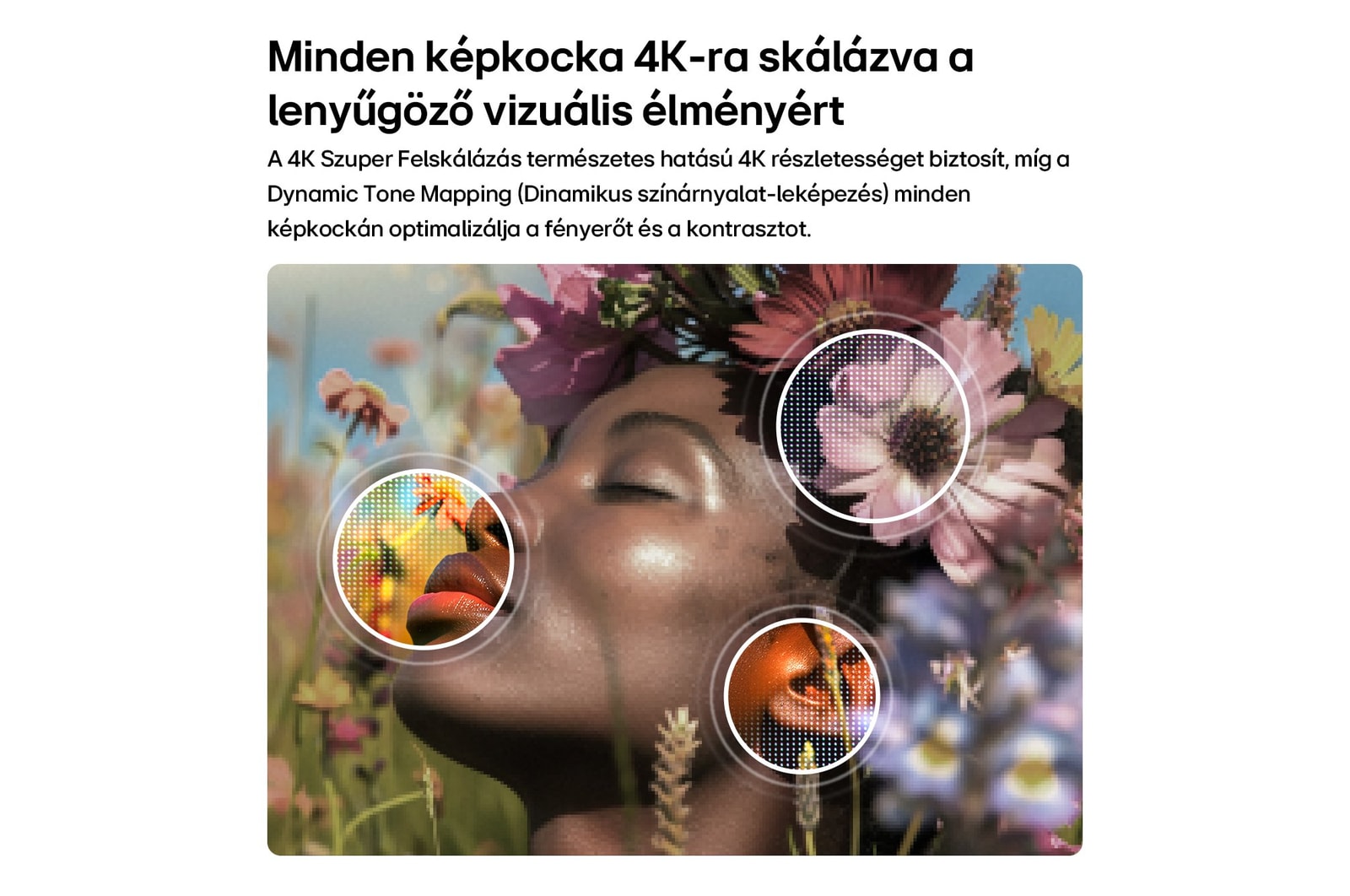 LG NANO 4K UHD AI NU8 4K Szuper Felskálázással, virágok, AI‑al finomított bőrtextúra, részletek és természetes színek.