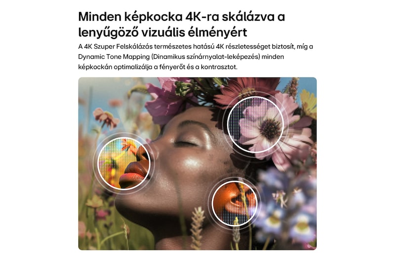 LG NANO 4K UHD AI NU8 4K Szuper Felskálázással, virágok, AI‑al finomított bőrtextúra, részletek és természetes színek.