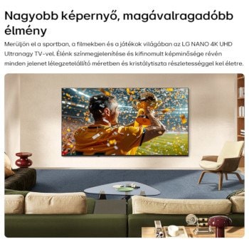 Az LG NANO 4K UHD AI NU85 Ultranagy TV falra szerelve, sportesemény győztes jelenete, élénk színek, magával ragadó méret.