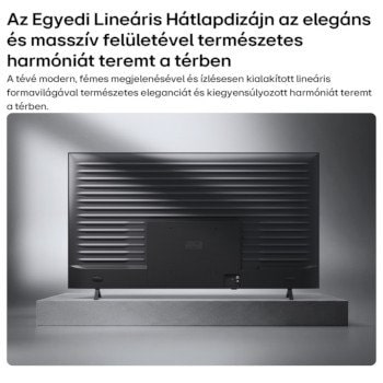 LG NANO 4K UHD AI NU85 hátoldala fémes panellel, egyenletes vízszintes mintázattal, amely kiemeli az Áramvonalas Kialakítást.