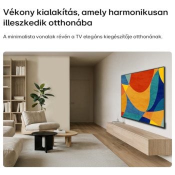 LG NANO 4K UHD AI NU8 TV vékony kialakítással falra szerelve, élénk absztrakt képekkel a kijelzőn.