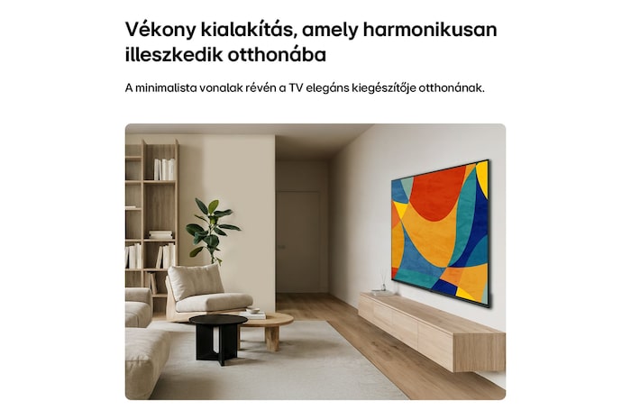 LG NANO 4K UHD AI NU8 TV vékony kialakítással falra szerelve, élénk absztrakt képekkel a kijelzőn.