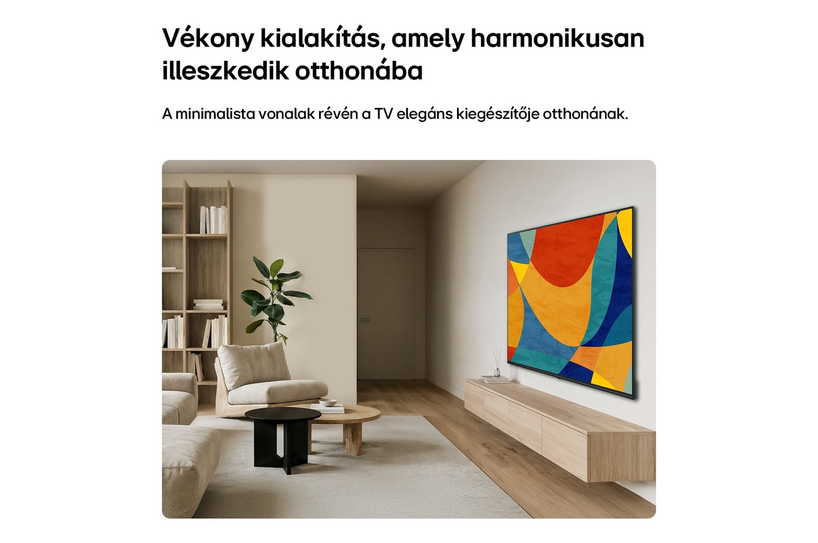 LG NANO 4K UHD AI NU8 TV vékony kialakítással falra szerelve, élénk absztrakt képekkel a kijelzőn.