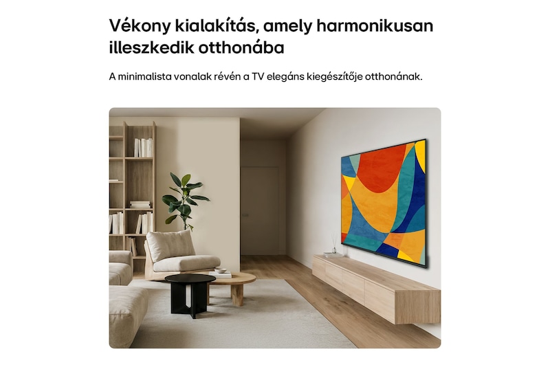 LG NANO 4K UHD AI NU8 TV vékony kialakítással falra szerelve, élénk absztrakt képekkel a kijelzőn.
