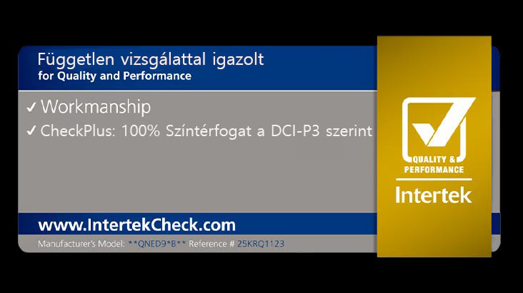 Az Intertek tanúsítási matrica kiemeli, hogy az LG QNED evo AI az Intertek „100% Színtérfogat a DCI-P3-hoz” minősítésével rendelkezik.