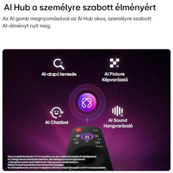 AI ikon a Magic Remote távirányító felett, körülötte AI-alapú keresés, AI Chatbot, AI Képvarázsló és AI Hangvarázsló