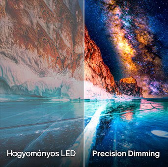 LG Mini RGB evo AI MRGB85 Precision Dimming technológiával, osztott képen mutatja a mélyebb feketéket és kontrasztot.