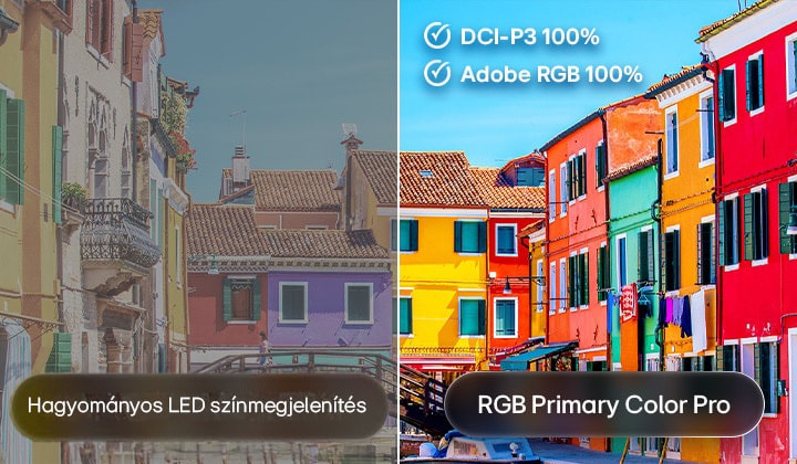 LG Mini RGB evo AI MRGB85 RGB Primary Color Pro technológiával, tanúsított 100%-os DCI-P3 és Adobe RGB színlefedettséggel.