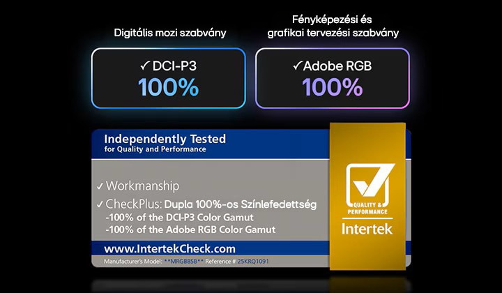 LG Mini RGB evo RGB Primary Color Pro technológia, Intertek által tanúsított 100%-os DCI-P3 és Adobe RGB színlefedettség.