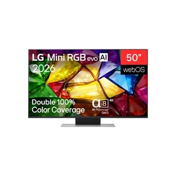 Front view of 50 colos LG Mini RGB evo AI MRGB87 4K Smart TV 2026 50MRGB87B3B