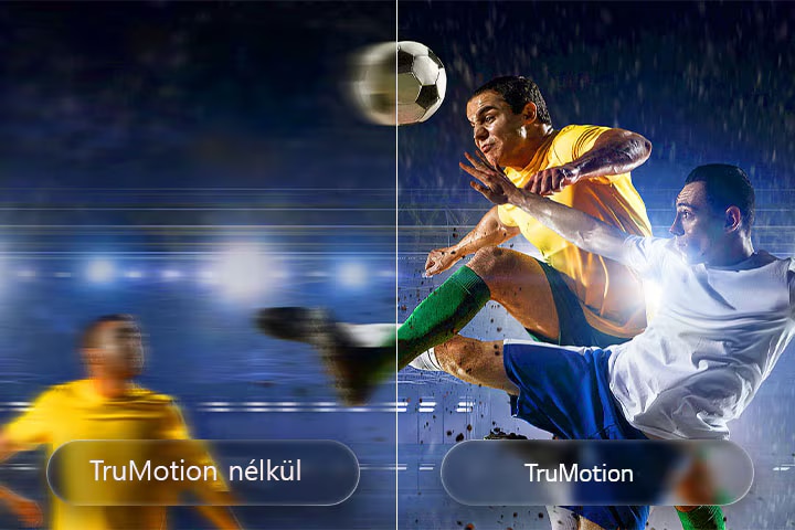 TruMotion funkció, osztott képernyős focijelenet, TruMotion nélkül elmosódással és TruMotion-nel éles mozgással.