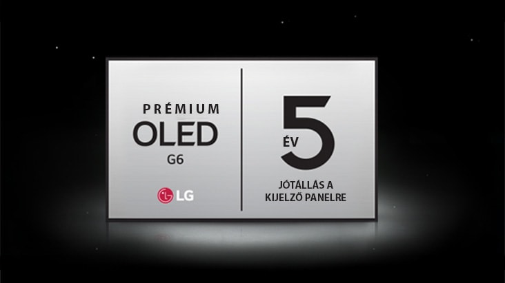 A Premium OLED G6 5 év korlátozott panel jótállás logó sötét háttér előtt látható.