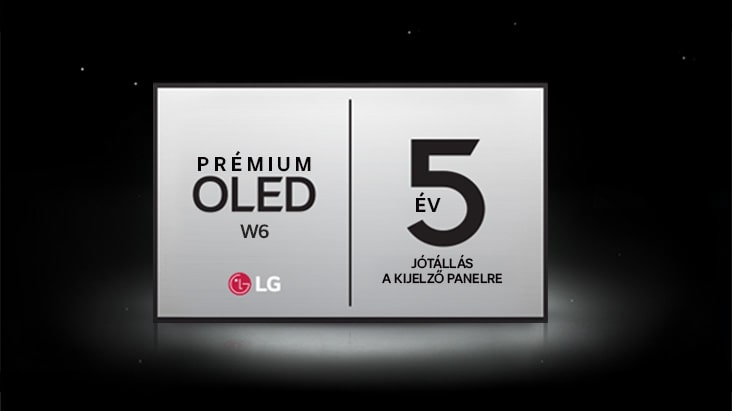 A Premium OLED W6 5 év korlátozott panel jótállás logó sötét háttér előtt látható.
