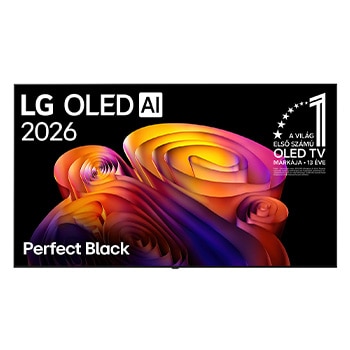 Az LG OLED AI B6E Smart TV (2026) elölnézetben, Tökéletes Fekete kijelzővel