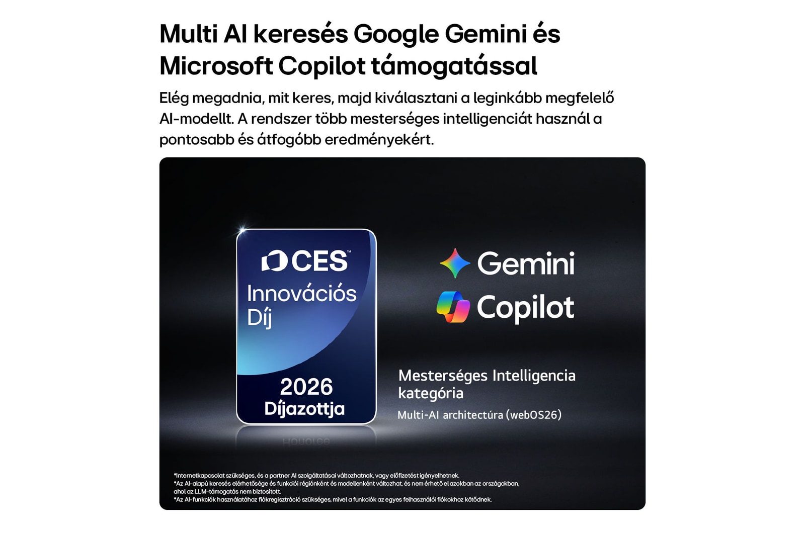 CES Innovációs Díj 2026 díjazott jelvény sötét háttéren, a Multi‑AI Architektúra az MI kategóriában kapott elismerést.