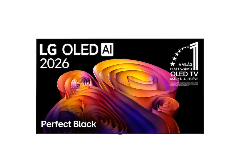 Az LG OLED AI B6 TV elöl- és oldalnézetben, 77 colos képernyő, 1719 mm szélességgel és ultravékony, 50,9 mm mélységgel
