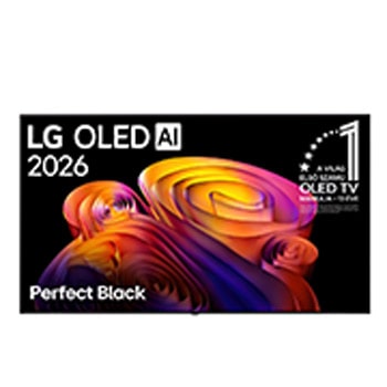 Az LG OLED AI B6 TV elöl- és oldalnézetben, 77 colos képernyő, 1719 mm szélességgel és ultravékony, 50,9 mm mélységgel