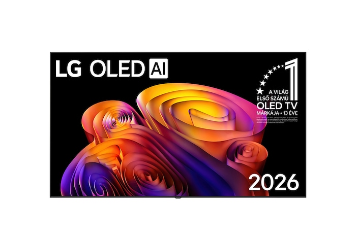 OLED65B6ELC LG OLED AI B6 Smart TV 2026 elölnézetben, vékony fekete kerettel és élénk, sokszínű vizuális megjelenítéssel.
