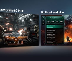 Játékirányító Pult és Játékoptimalizáló megjelenítve, valós idejű játékbeállításokkal és egymás melletti játékképernyőkkel.