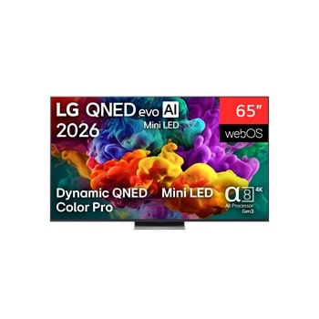 Front view of 65 colos LG QNED evo AI Mini LED QNED86 4K Smart TV 2026 65QNED86B3B