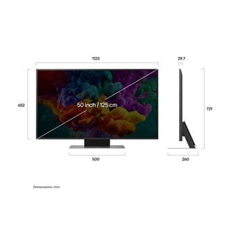 LG QNED evo AI TV 50 colos kijelző, elöl- és oldalnézetben, méretek mm-ben