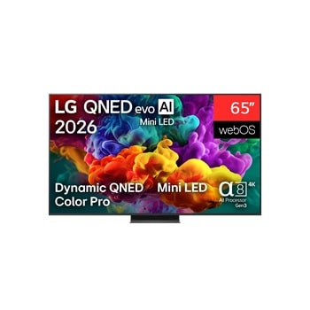 Front view of 65 colos LG QNED evo AI Mini LED QNED87 4K Smart TV 2026 65QNED87B3A