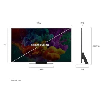 LG QNED evo AI TV 65 colos kijelző, elöl- és oldalnézetben, méretek mm-ben