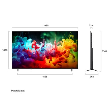 LG QNED AI TV 85 colos kijelző, elöl- és oldalnézetben. Szélesség 1890 mm, magasság 1088 mm, állvánnyal 1148 mm.