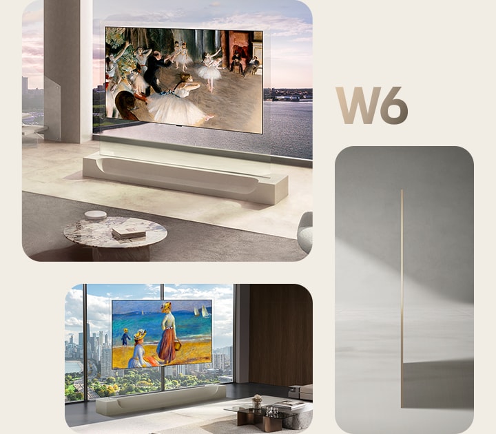 LG OLED evo AI W6 Wallpaper TV 9 mm‑es ultravékony profillal, modern enteriőrben, művészeti tartalommal és oldalsó nézetben.