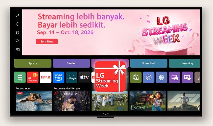 Tampilan UI Beranda webOS menampilkan sebuah banner dan ikon aplikasi LG Streaming Week, dengan aplikasi streaming dan konten yang direkomendasikan ditampilkan di layar.