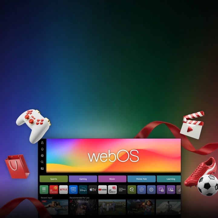 LG webOS menampilkan penawaran streaming spesial dengan latar belakang cerah, menghadirkan kategori olahraga, gaming, dan musik beserta ikon promosi.