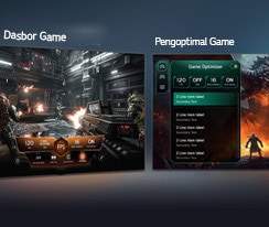 LG NANO 4K UHD AI nu845 dengan Game Dashboard dan Optimizer menampilkan layar game berdampingan dan menu di layar untuk menyesuaikan pengaturan gameplay seperti kecepatan refresh, latensi, dan mode visual secara real time.