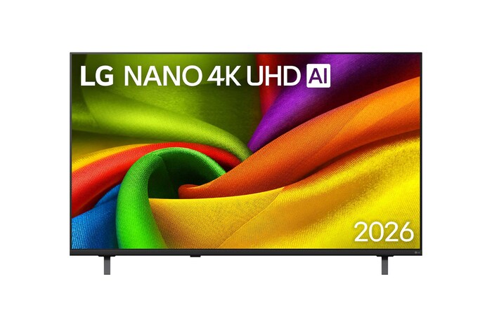 Tampilan depan LG NANO 4K UHD AI NU85, dirilis pada 2026, memenuhi layar dengan lapisan tekstur seperti kain yang halus dan mengalir dengan warna cerah, saat lipatan warna-warni yang melengkung menyebar di seluruh tampilan.