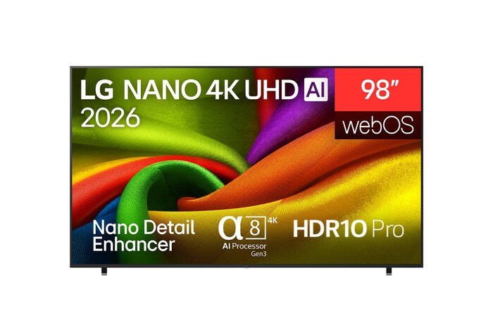 Tampilan depan LG NANO 4K UHD AI NU85, dirilis pada 2026, menampilkan tekstur seperti kain berwarna cerah di layar, menampilkan Nano Detail Enhancer, Prosesor AI alpha 8 4K Gen3, HDR10 Pro, webOS, dan layar 98 inci.