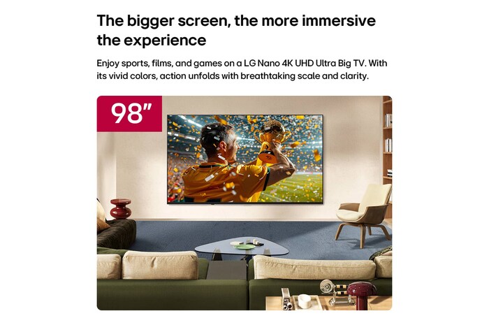 LG NANO 4K UHD AI NU85 98-inci Ultra Big TV dipasang di dinding ruang tamu, menampilkan adegan kemenangan olahraga dengan konfeti dan piala, menekankan warna yang hidup, detail yang jelas, dan rasa skala yang imersif.