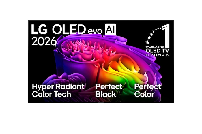 Tampilan depan LG OLED evo AI G6, dirilis tahun 2026, menampilkan gambar bentuk berlapis warna-warni, menghadirkan Teknologi Hyper Radiant Color, Perfect Black & Perfect Color, bersama dengan logo OLED TV No.1 di Dunia selama 13 Tahun.