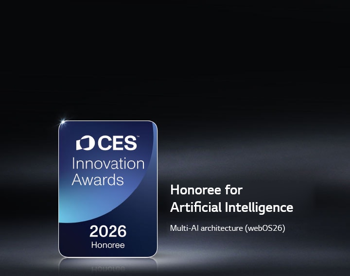 Lencana CES Innovation Awards 2026 Honoree ditampilkan di latar belakang gelap. Multi-AI Architecture diakui dalam kategori Kecerdasan Buatan.