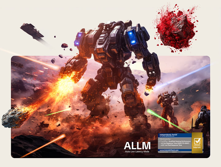 LG OLED AI B6 dengan input lag rendah menampilkan adegan game yang intens dengan robot tempur yang menjulang di tengah ledakan, dengan teks di layar merujuk pada Auto Low Latency Mode (ALLM) dan Qualified Gaming Performance bersertifikat Intertek. (223)