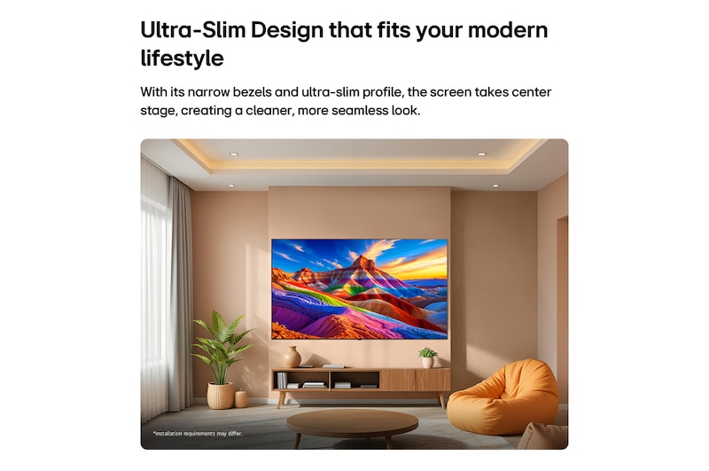 LG OLED AI B6 dipasang di dinding di ruang keluarga yang bergaya, menampilkan desain ultra-tipis dengan bezel sempit, dan menampilkan pemandangan bernada pelangi dengan bentuk pegunungan berlapis di layar.