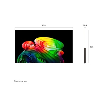 LG OLED AI B6 yang diperlihatkan dalam tampilan depan dan samping menyoroti layar 77 inci dengan lebar layar 1719 mm, tinggi keseluruhan 989 mm, dan kedalaman ultra-tipis 50,9 mm tanpa dudukan.