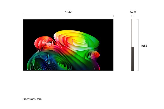LG OLED AI B6 yang diperlihatkan dalam tampilan depan dan samping menyoroti layar 83 inci dengan lebar layar 1842 mm, tinggi keseluruhan 1055 mm, dan kedalaman ultra-tipis 52,9 mm tanpa dudukan.