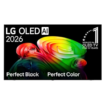 Tampilan depan LG OLED AI B6, dirilis tahun 2026, menampilkan gambar bentuk berlapis warna-warni, menghadirkan Perfect Black & Perfect Color, bersama dengan logo OLED TV No.1 di Dunia selama 13 Tahun.