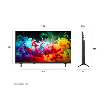 LG QNED AI QNED70 Mini LED yang ditampilkan dalam pandangan depan dan samping menyoroti layar 50 inci dengan lebar layar 1112 mm, tinggi layar 649 mm, tinggi dengan dudukan 711 mm, kedalaman 70,8 mm, dan tapak dudukan berukuran 902 x 230 mm.