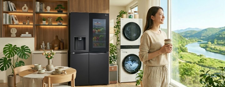 LG refrigerator open with fresh produce in a bright natural wood kitchen, beside a large window with plants and soft daylight.	