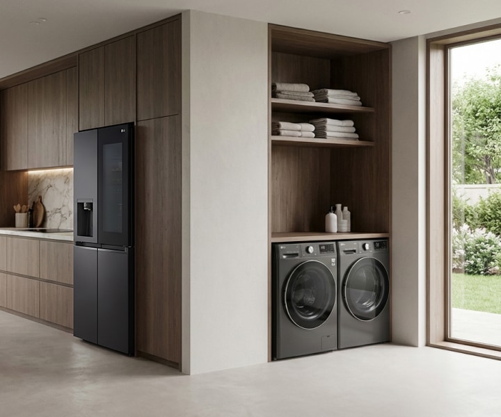 LG InstaView™ refrigerator installed in a warm wood kitchen beside built-in cabinetry and a washer and dryer set near a window.	