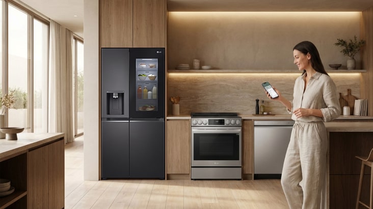 LG InstaView™ refrigerator in a warm wood kitchen beside a silver oven and dishwasher, with a woman holding a phone.	